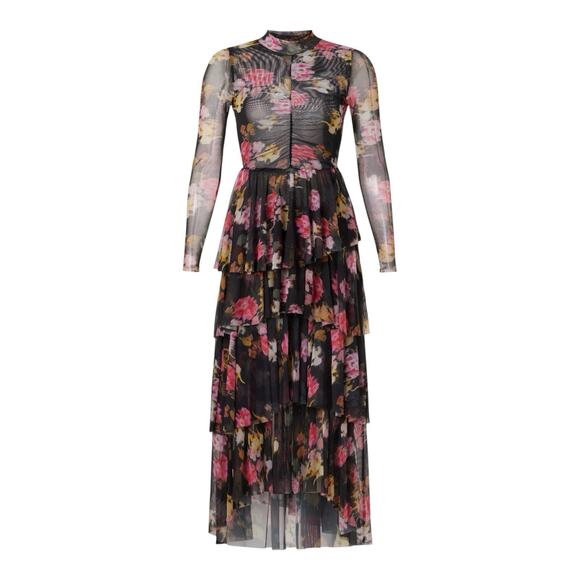 Ted Baker Women's Floral Size 4 Tiered Prairie Maxi Dress Sheer Dark Romance - Picture 1 of 11